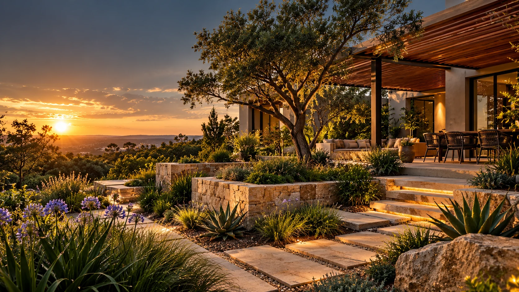 Concept illustration of a contemporary garden and outdoor living terrace